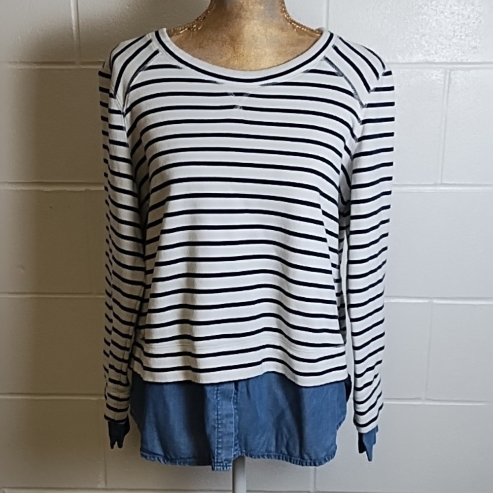 Fever Cotton French Terry Stripe Sweatshirt Lyocell Denim Accents Large